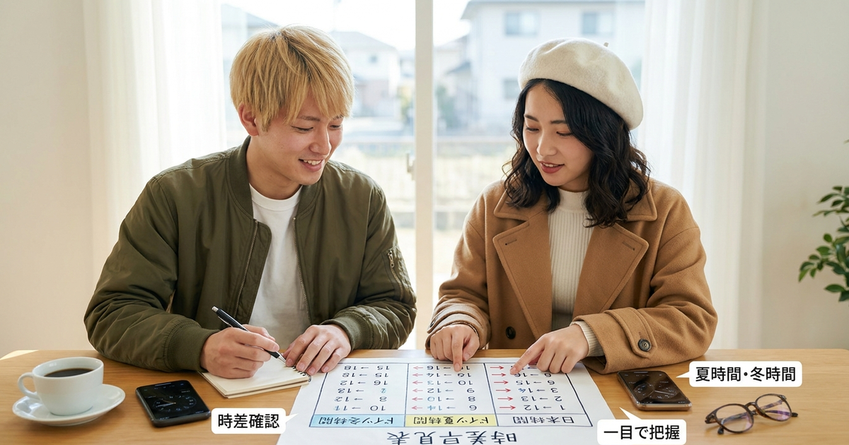 ドイツとの時差や現在の時間を一瞬で把握できる早見表を準備しておく